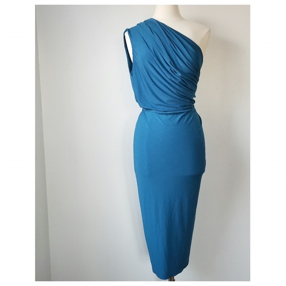 Blue One shoulder Drapey Dress Size L - Picture 1 of 4